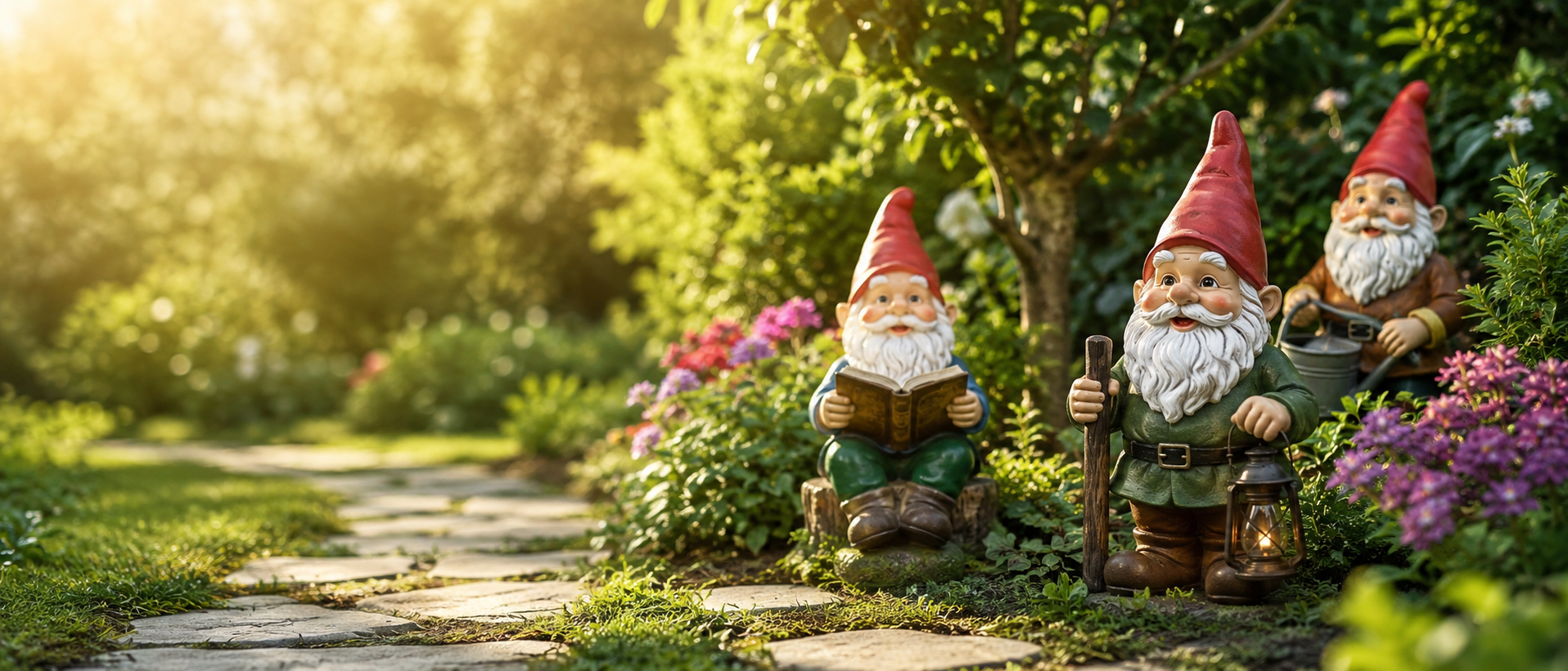 Drie kleurrijke tuinkabouters met rode mutsen en witte baarden in een tuin.